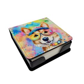 Corgi Hippie Dawg PU Leather Note Paper Holder with Artist-Designed Cover, Desk Accessory, Office Gift