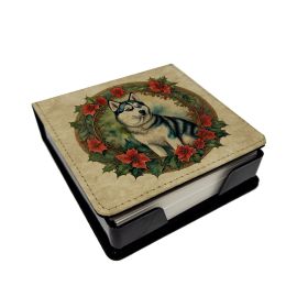 Siberian Husky Christmas Flowers PU Leather Note Paper Holder with Artist-Designed Cover, Desk Accessory, Office Gift