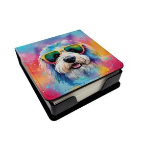 Old English Sheepdog Hippie Dawg PU Leather Note Paper Holder with Artist-Designed Cover, Desk Accessory, Office Gift