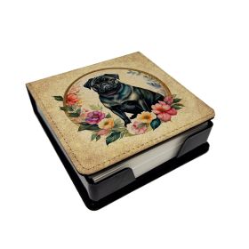 Black Pug and Flowers PU Leather Note Paper Holder with Artist-Designed Cover, Desk Accessory, Office Gift