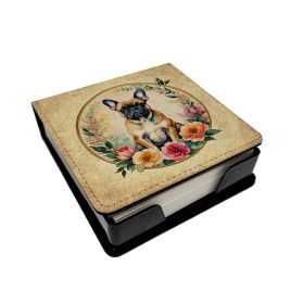 Fawn French Bulldog and Flowers PU Leather Note Paper Holder with Artist-Designed Cover, Desk Accessory, Office Gift