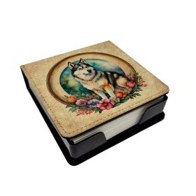 Alaskan Malamute and Flowers PU Leather Note Paper Holder with Artist-Designed Cover, Desk Accessory, Office Gift