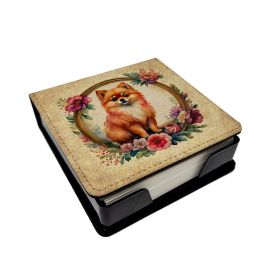 Pomeranian and Flowers PU Leather Note Paper Holder with Artist-Designed Cover, Desk Accessory, Office Gift