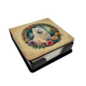 Samoyed and Flowers PU Leather Note Paper Holder with Artist-Designed Cover, Desk Accessory, Office Gift