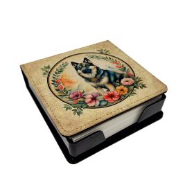 Norwegian Elkhound and Flowers PU Leather Note Paper Holder with Artist-Designed Cover, Desk Accessory, Office Gift