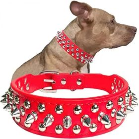 Adjustable Microfiber Leather Spiked Studded Dog Collar (Color: Red, Size: M(12"-15" / 30.5cm-38cm))