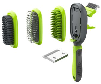 Pet Life 'Conversion' 5-in-1 Interchangeable Dematting and Deshedding Bristle Pin, Massage Grooming Dog Comb (Color: Green)