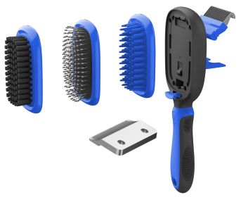 Pet Life 'Conversion' 5-in-1 Interchangeable Dematting and Deshedding Bristle Pin, Massage Grooming Dog Comb (Color: Blue)
