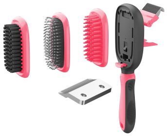 Pet Life 'Conversion' 5-in-1 Interchangeable Dematting and Deshedding Bristle Pin, Massage Grooming Dog Comb (Color: Pink)