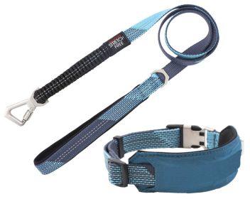 Pet Life 'Geo-prene' 2-in-1 Shock Absorbing Neoprene Padded Reflective Dog Leash and Collar (Color: Blue, Size: Large)